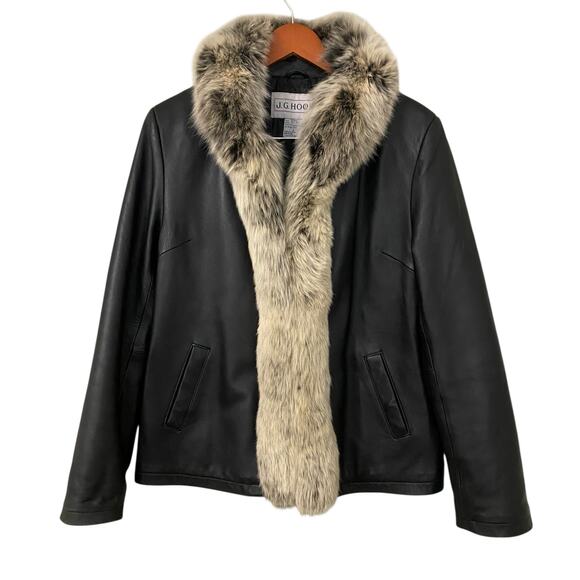 J.G. Hook Womens Black Genuine Leather Jacket Large Shawl Fox Fur Trim Coat - Picture 2 of 14